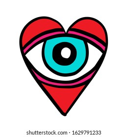 Eye in heart hand drawn vector logo in cartoon comic style illustration for prints posters psychedelic spiritual