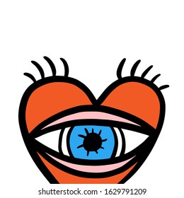 Eye in heart with lashes hand drawn vector logo in cartoon comic style illustration for prints posters psychedelic