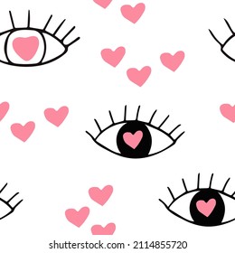 eye with heart seamless pattern. hand drawn. 