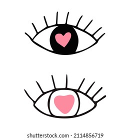 eye with heart set icon. hand drawn. 