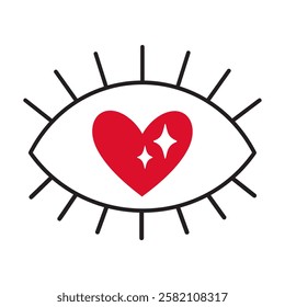 Eye with heart shaped pupil doodle style Hand drawn trendy flat style love isolated icon Romantic symbol of love for web graphic design poster tattoo Valentines Day card line art Vector illustration