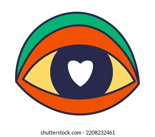 Eye With Heart Symbol Instead Of Pupils, Vision And Expression Of Feelings. Organ Of Sight, Love Emotion In Eyeball With Eyelid. Love And Devotion, Stickers Or Emoticons, Emoji Vector In Flat Style