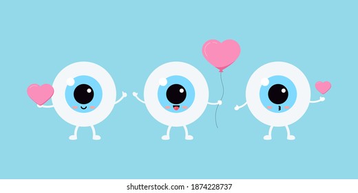 Eye with heart vector ophthalmology love icon set. Flat design cartoon smiling eyeball character in love for valentines day design illustration. Happy boy hold balloon heart in hand and air kiss.