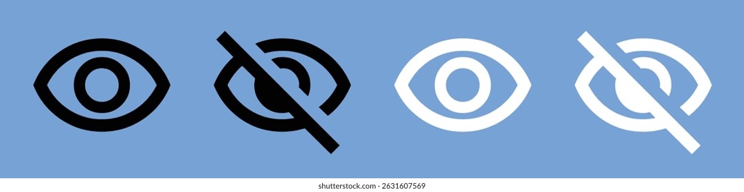 Eye and hidden eye icon symbols in vector format, representing visibility and invisibility, commonly used for UI, privacy settings, and content display toggles. Icons, vector.