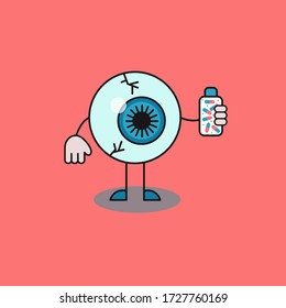 Eye holding bottle of pills in his hand. Medical support for eye health, dietary supplements for good vision. Vector character