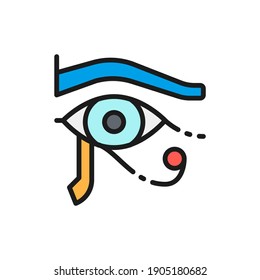 Eye of Horus, ancient egyptian moon flat color line icon.