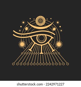 Auge des Horus, altägyptisches Schutzsymbol, Pentagram-Stern und Sonnenstrahlen. Auge von Ra, Vektorsymbol für okkulte und esoterische Magie einzeln auf Schwarz