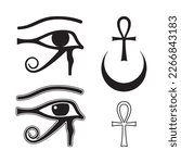 Eye of Horus, ankh cross and crescent moon set of hand drawn elements ancient Egypt vector illustration