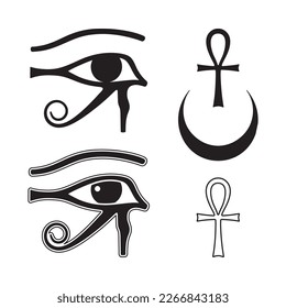 Ojo de Horus, cruz de toba y luna creciente conjunto de elementos dibujados a mano antigua ilustración vectorial de Egipto