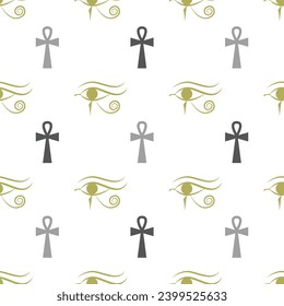 Eye of Horus and ankh egyptian cross seamless pattern. Egyptian vector illustration.