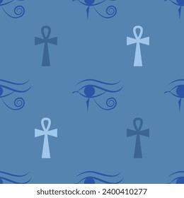 Eye of Horus and ankh egyptian cross seamless pattern. Egyptian vector illustration.