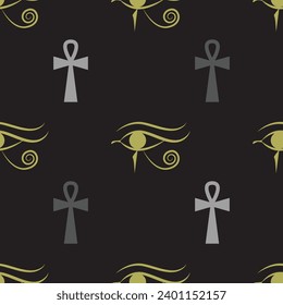 Eye of Horus and ankh egyptian cross seamless pattern. Egyptian vector illustration.