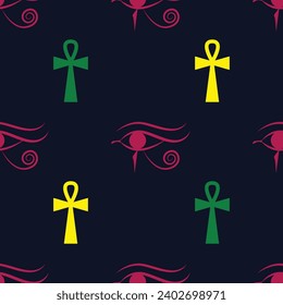 Eye of Horus and ankh egyptian cross seamless pattern. Egyptian vector illustration.