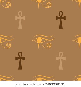 Eye of Horus and ankh egyptian cross seamless pattern. Egyptian vector illustration.