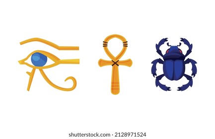 Eye of Horus, Ankh Key and Scarab Beetle as Ancient Egyptian Symbol Vector Set