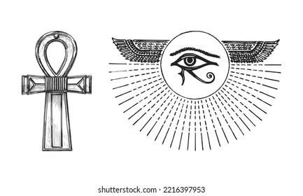 The Eye of Horus and the Ankh, vector illustrations in engraving style, vintage esoteric and occult signs, drawn magical and mystical symbols, wedjat eye and Key of life