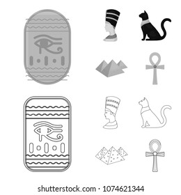 Eye of Horus, black Egyptian cat, pyramids, head of Nefertiti.Ancient Egypt set collection icons in outline,monochrome style vector symbol stock illustration web.