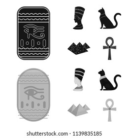 Eye of Horus, black Egyptian cat, pyramids, head of Nefertiti.Ancient Egypt set collection icons in black,monochrom style vector symbol stock illustration web.