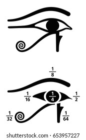 Eye of Horus fractions values. In Ancient Egyptian, fractions were written as sum of unit fractions, represented by different parts of the Eye of Horus symbol. Black and white illustration. Vector.