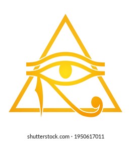 Eye of Horus inside the pyramid. Ancient Egyptian religious symbol. Amulet Wadget. Isolated vector image in gold on white background. Vector icon