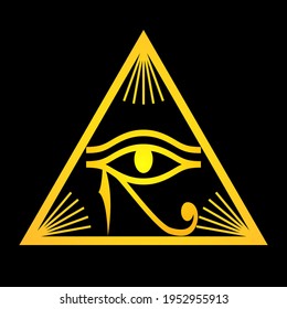 Eye of Horus inside the pyramid. Ancient Egyptian religious symbol. Amulet Widget. Isolated vector image in gold on black background. Vector icon