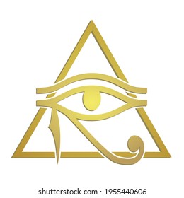 Eye of Horus inside the pyramid. Ancient Egyptian religious symbol. Amulet Wadget. Isolated vector image in gold on white background. Vector icon