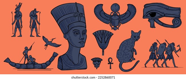 Auge von Horus, Nefertiti-Büste, Storch, Fischer auf Papyrus-Boot, Krieger, Horus falcon, Amun Ra, Anubis, Katze, Pharao, Schlüssel des Lebens, Amun Ra, Set, heiliger Scarab. Gravur Stil Vektorgrafik.