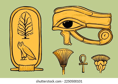 Eye of Horus, palm, owl, key of life, cartouche symbols engraving style vector illustration. Ancient Egyptian historical icons. Vintage hand drawn emblem. Perfect for premium identity, travel agency.