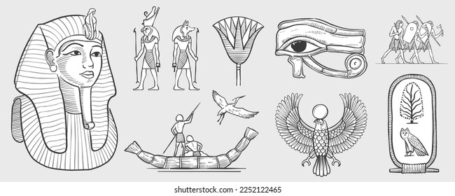 Eye of Horus, Tutankhamun’s pharaoh mask, stork, palm, owl, cartouche, fisherman on papyrus boat, warriors, Horus falcon, Amun Ra, Anubis. Engraving style vector illustration. Ancient historical icons