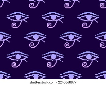 Eye of Horus in pixel style seamless pattern. Pixelated Eye of Ra. Style of 8-bit retro games from the 80s and 90s. Design for app, banner and poster. Vector illustration