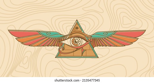 eye of horus with Sacred scarab wings wall art design in outline simple minimal design