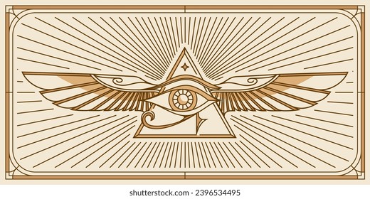 eye of horus with Sacred scarab wings design. All seeing eye of god in sacred geometry triangle with bird wings of falcon or angel, masonry and illuminati symbol, vector logo or emblem design