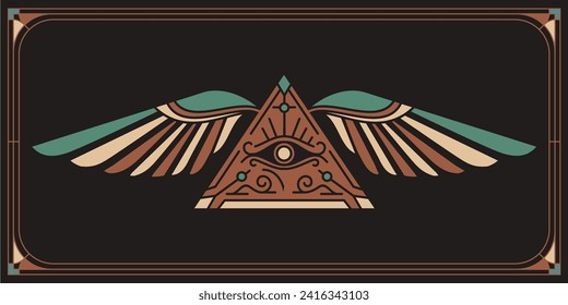 eye of horus with Sacred scarab wings wall art design in outline design. egytian art design illustration wallpaper