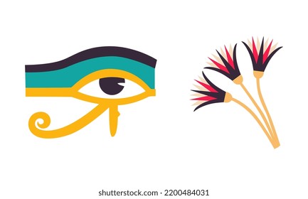 Ojo de Horus o Udjat y Flor Lotus como símbolo egipcio antiguo del conjunto de vectores de potencia real