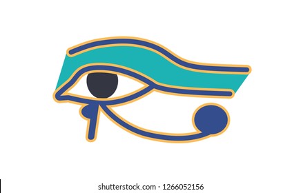 Eye of Horus or Wadjet, ancient Egyptian hieroglyphic sign or logograph isolated on white background. Historical artefact, religious amulet, symbol of royal power. Colorful vector illustratration.