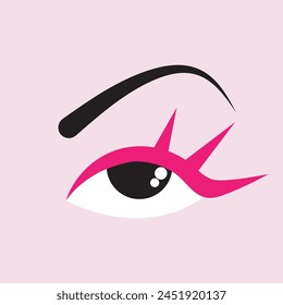 Eye with hot pink makeup on a soft pink background