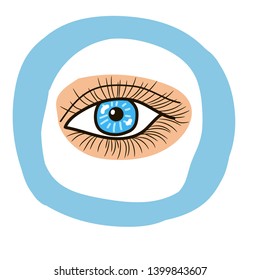Eye, human eye line symbol vector icon. Hand-drawn blue eye