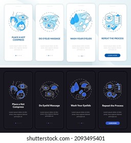 Eye hygiene white, black onboarding mobile app page screen. Preparation walkthrough 4 steps graphic instructions with concepts. UI, UX, GUI vector template with linear night and day mode illustrations