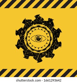 eye icon black grunge emblem, yellow warning sign. Vector Illustration. Detailed.