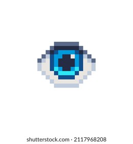 Eye icon. Blue color. Pixel art style. Design application. 8-bit. Video game sprite. Game assets. Isolated abstract vector illustration. 