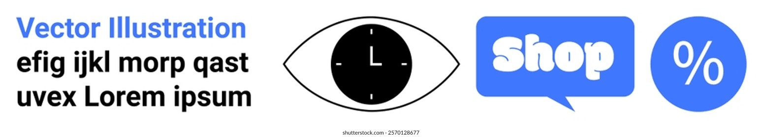 Eye icon with a clock inside, a blue speech bubble labeled Shop, and a percentage symbol on a blue background. Ideal for e-commerce, time management, discounts, marketing, and online retail