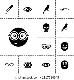 Eye icon. collection of 13 eye filled icons such as sparrow, nerd emoji, eye, skull, pipette, welding glasses, wink emot. editable eye icons for web and mobile.