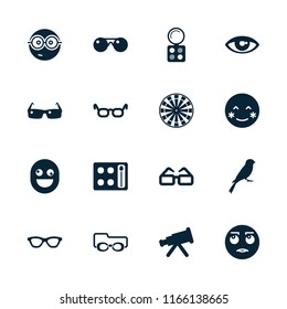 Eye icon. collection of 16 eye filled icons such as sparrow, eyeshadow palette, glasses, telescope, blush, nerd emoji, dart, crazy emot. editable eye icons for web and mobile.