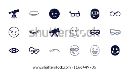 Eye icon. collection of 18 eye filled and outline icons such as telescope, wink emot, glasses, eye, swimming glasses, sunglasses, blush. editable eye icons for web and mobile.