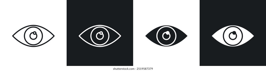 Eye icon collection in black and white filled and stroke line style.