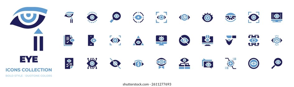 Eye icon collection. Bold style. Duotone colors. insomnia, eye surgery, bionic eye, eye, focus, vision, view, eyeliner, smartphone, security, search.