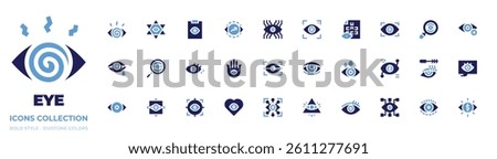 Eye icon collection. Bold style. Duotone colors. vision, eye exam, piercing, search, mascara, target, hypnosis, red eyes, eye, visibility, eye scan.