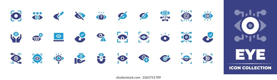 Eye icon collection. Duotone color. Vector illustration. Containing eye scanner, quality control, laser surgery, hide, eye, closed eyes, vision, blindness, blind, monitored, scan, eye scan.