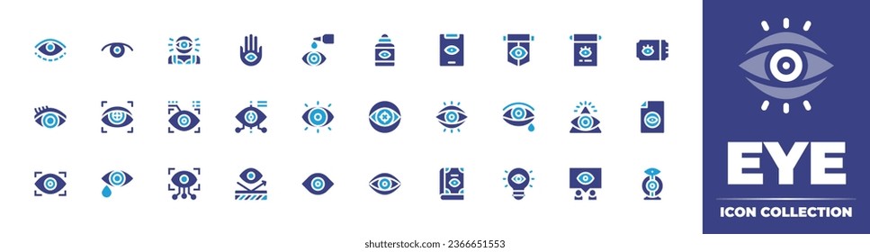 Eye icon collection. Duotone color. Vector illustration. Containing hamsa, eye, visionary, reflective, scan, scanner, dropper, contour, eyes, red eyes, scroll, ticket, illuminati.