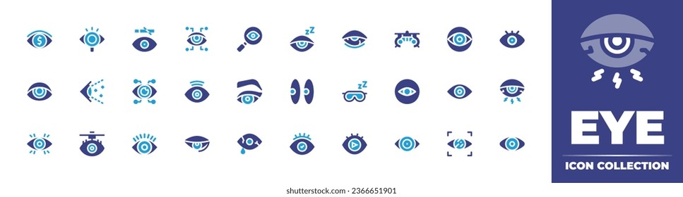 Colección de iconos oculares. Color de duotona. Ilustración vectorial. Con transparencia, somnolencia, maquillaje, ojos, visión, conjuntivitis, ojo, ciberseguridad, vista, cirugía ocular, escáner, insomnio.